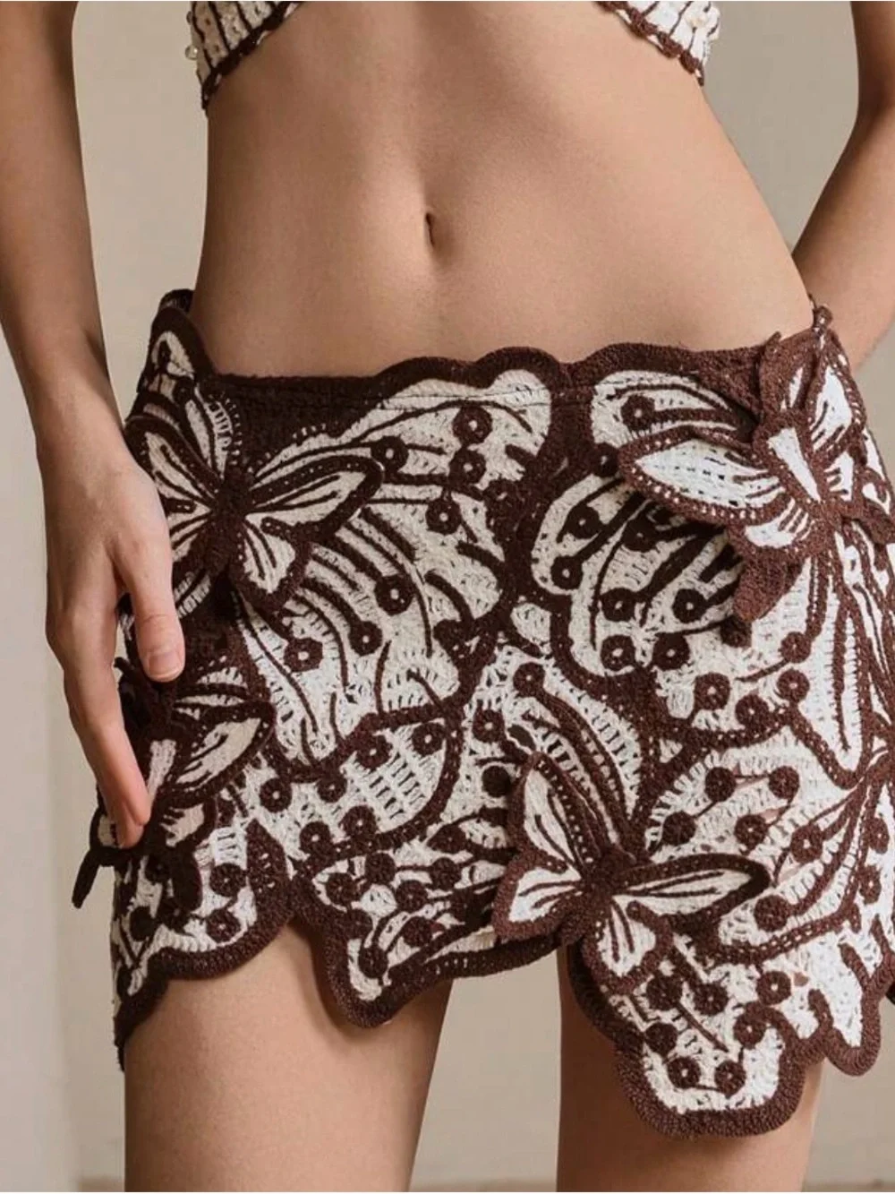 Crochet Butterfly Mini Skirt in Brown and Cream-NWT!